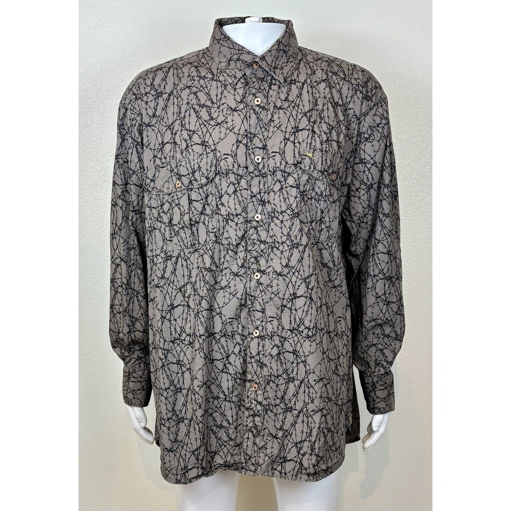 Rocawear Y2K Mens Long Sleeve Button up Shirt 2XL Gray Black Barbed Wire AOP